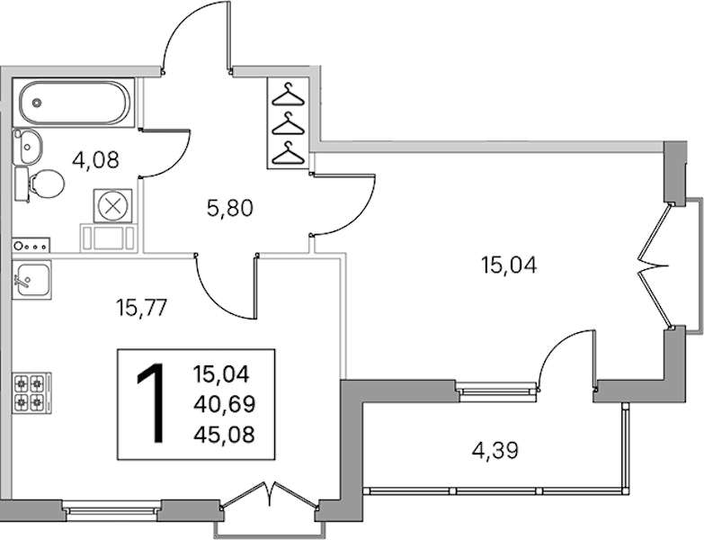 1-комнатная квартира 42.88 м², 4/4 эт., ЖК «Любоград в Стрельне»